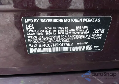 2022 BMW X5 M50I z USA, uszkodzony, nr VIN 5UXJU4C07N9K47593